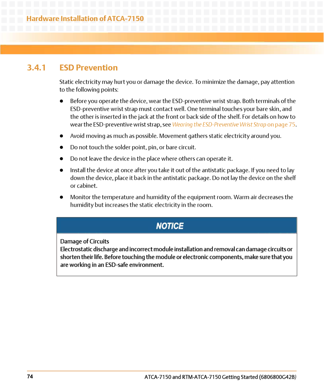 Emerson RTM-ATCA-7150 manual ESD Prevention 