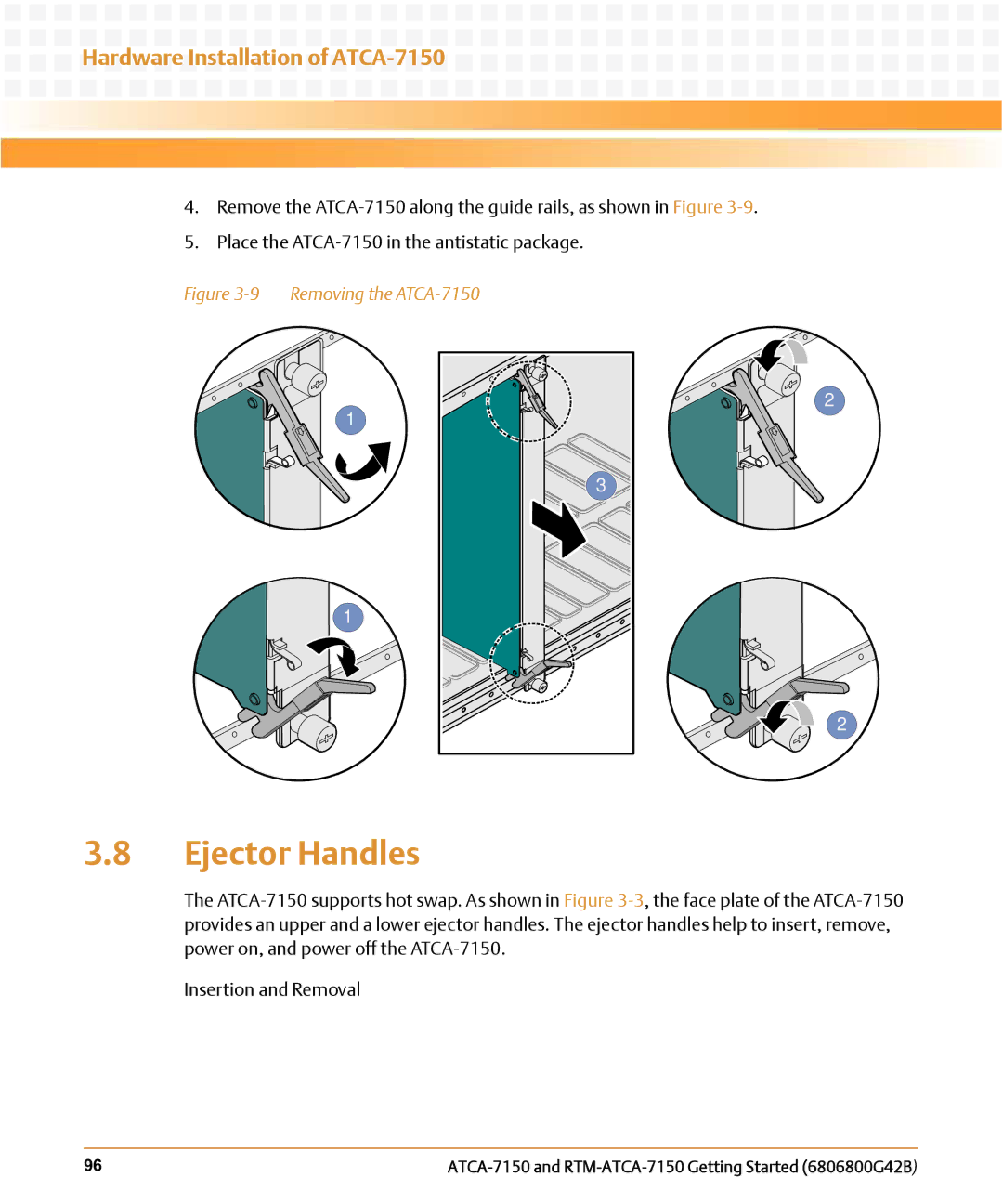 Emerson RTM-ATCA-7150 manual Ejector Handles, Removing the ATCA-7150 