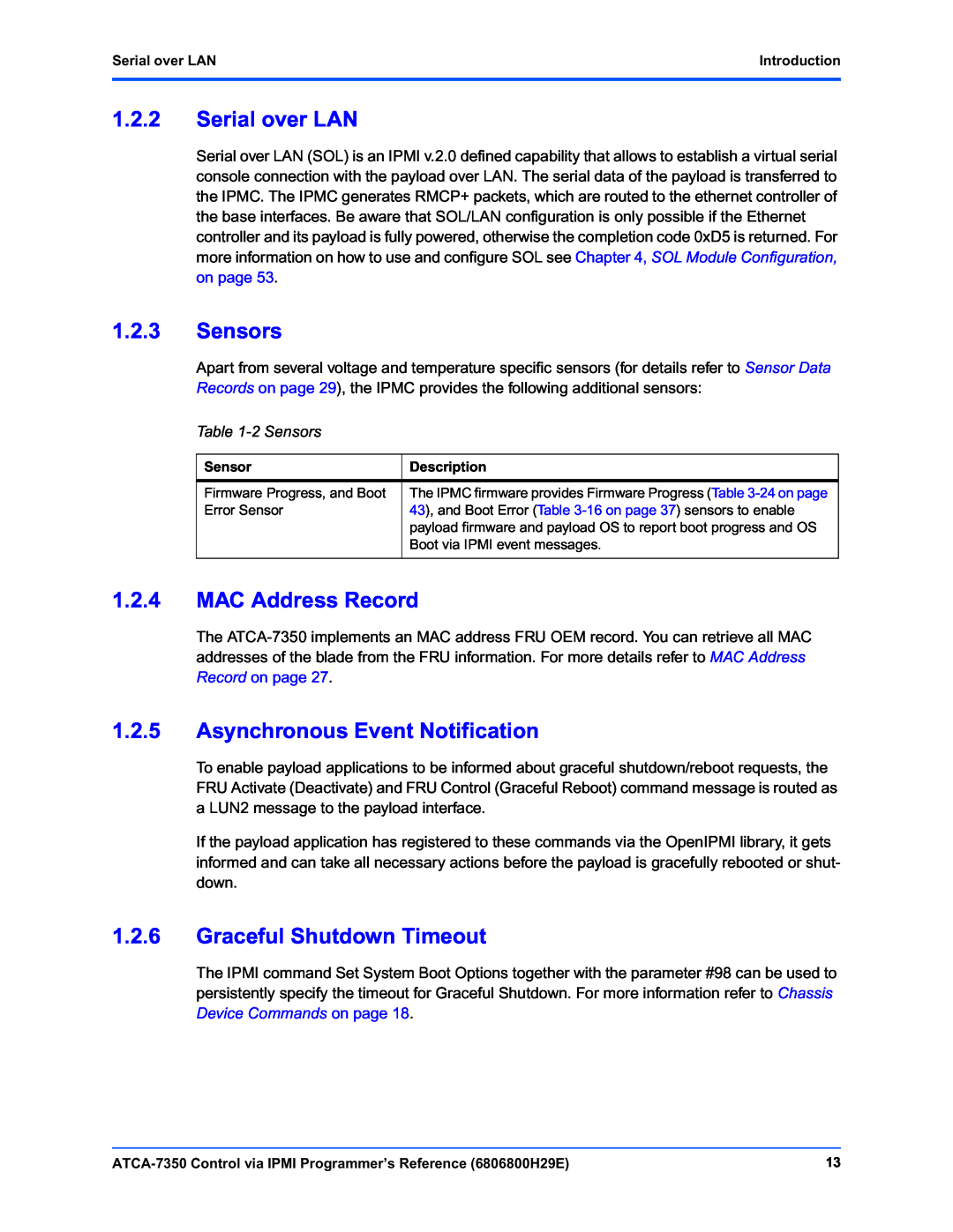 Emerson ATCA-7350 manual 1.2.2Serial over LAN, 1.2.3Sensors, 1.2.4MAC Address Record, 1.2.5Asynchronous Event Notification 