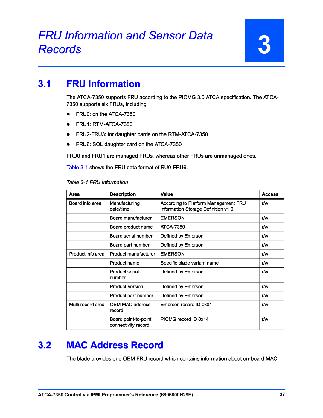 Emerson ATCA-7350 manual FRU Information and Sensor Data Records, 3.1FRU Information, 3.2MAC Address Record 