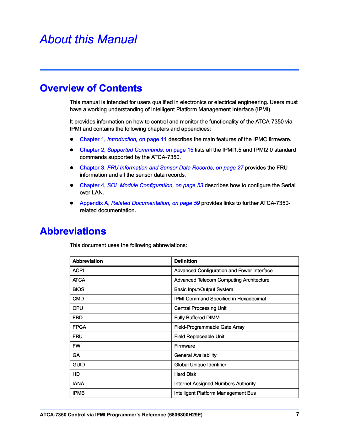 Emerson ATCA-7350 manual About this Manual, Overview of Contents, Abbreviations 