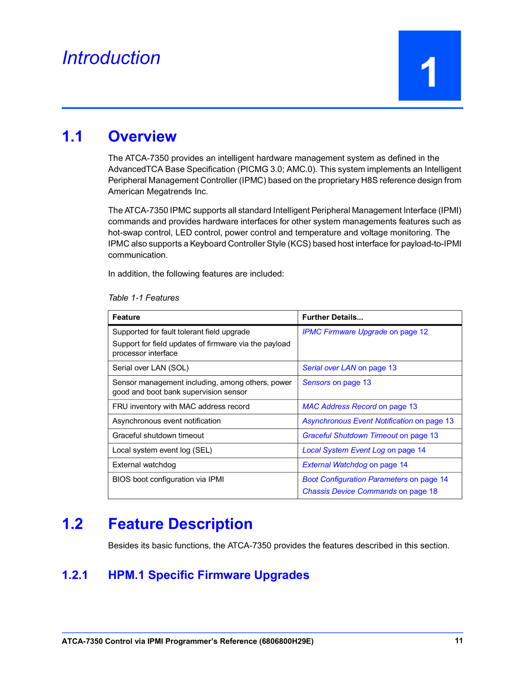 Emerson ATCA-7350 manual Introduction, Overview, Feature Description, 1 HPM.1 Specific Firmware Upgrades, Features 