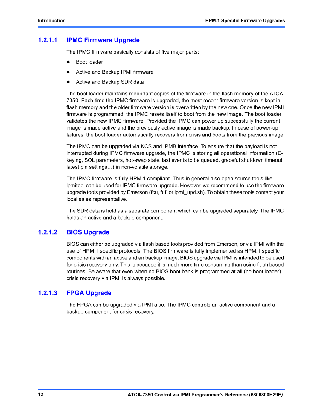 Emerson ATCA-7350 manual Ipmc Firmware Upgrade, Introduction HPM.1 Specific Firmware Upgrades 