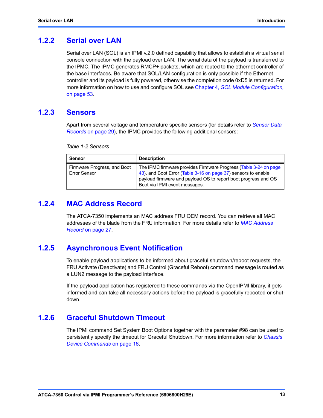 Emerson ATCA-7350 Serial over LAN, Sensors, MAC Address Record, Asynchronous Event Notification, Graceful Shutdown Timeout 