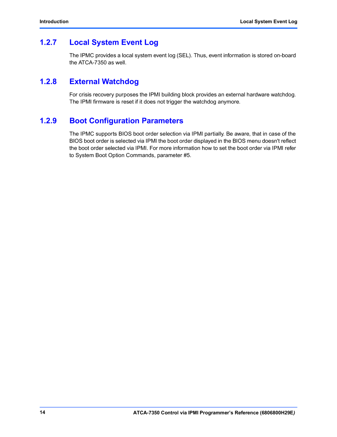 Emerson ATCA-7350 manual Local System Event Log, External Watchdog, Boot Configuration Parameters 