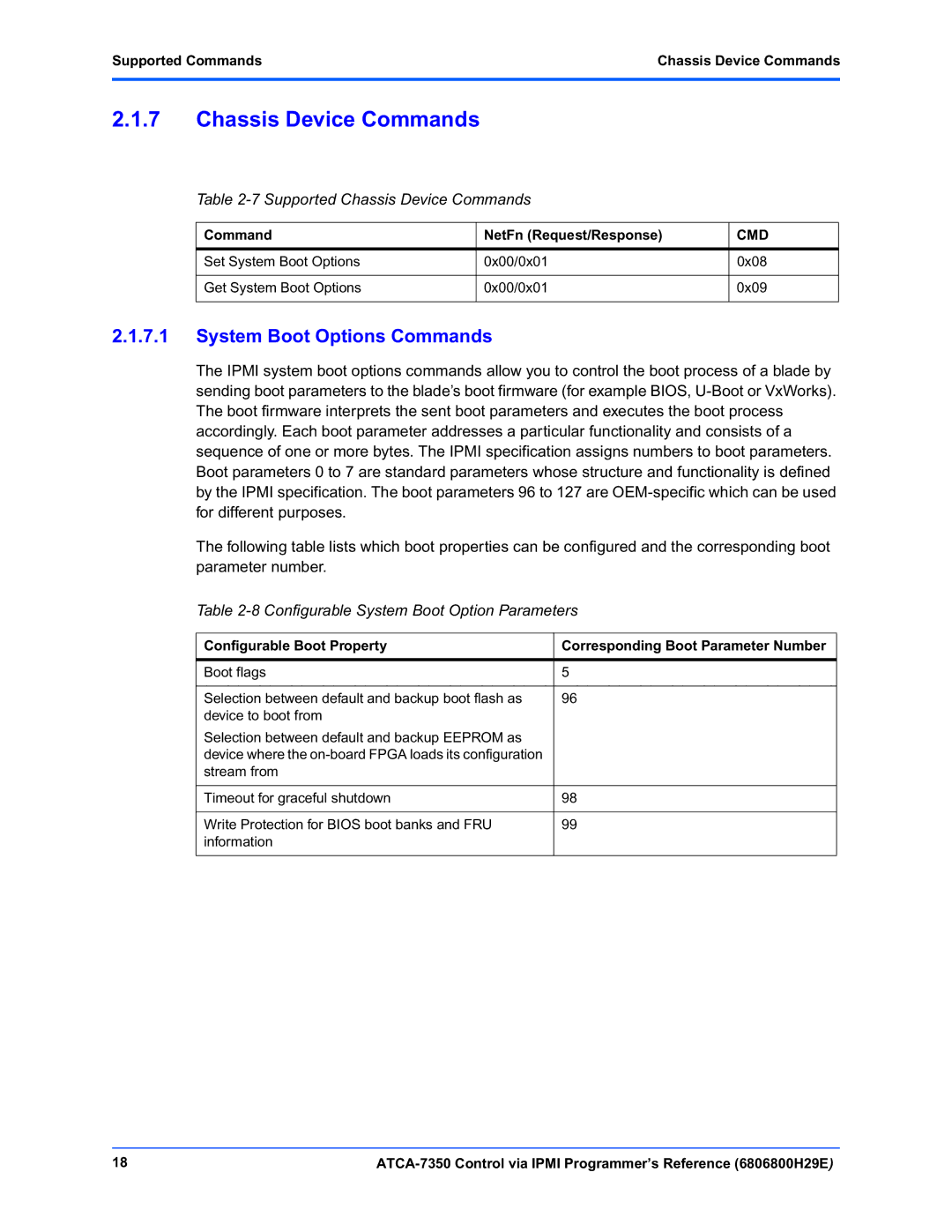 Emerson ATCA-7350 manual Supported Chassis Device Commands, Configurable System Boot Option Parameters 