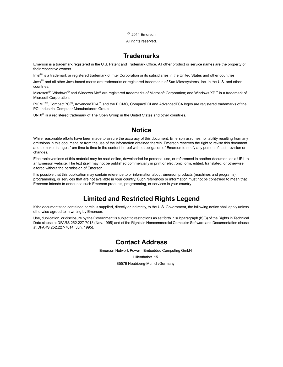 Emerson ATCA-7350 manual Contact Address 