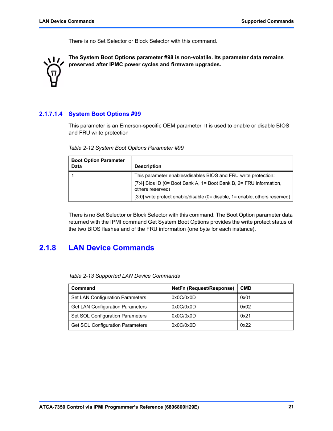 Emerson ATCA-7350 manual System Boot Options Parameter #99, Supported LAN Device Commands 