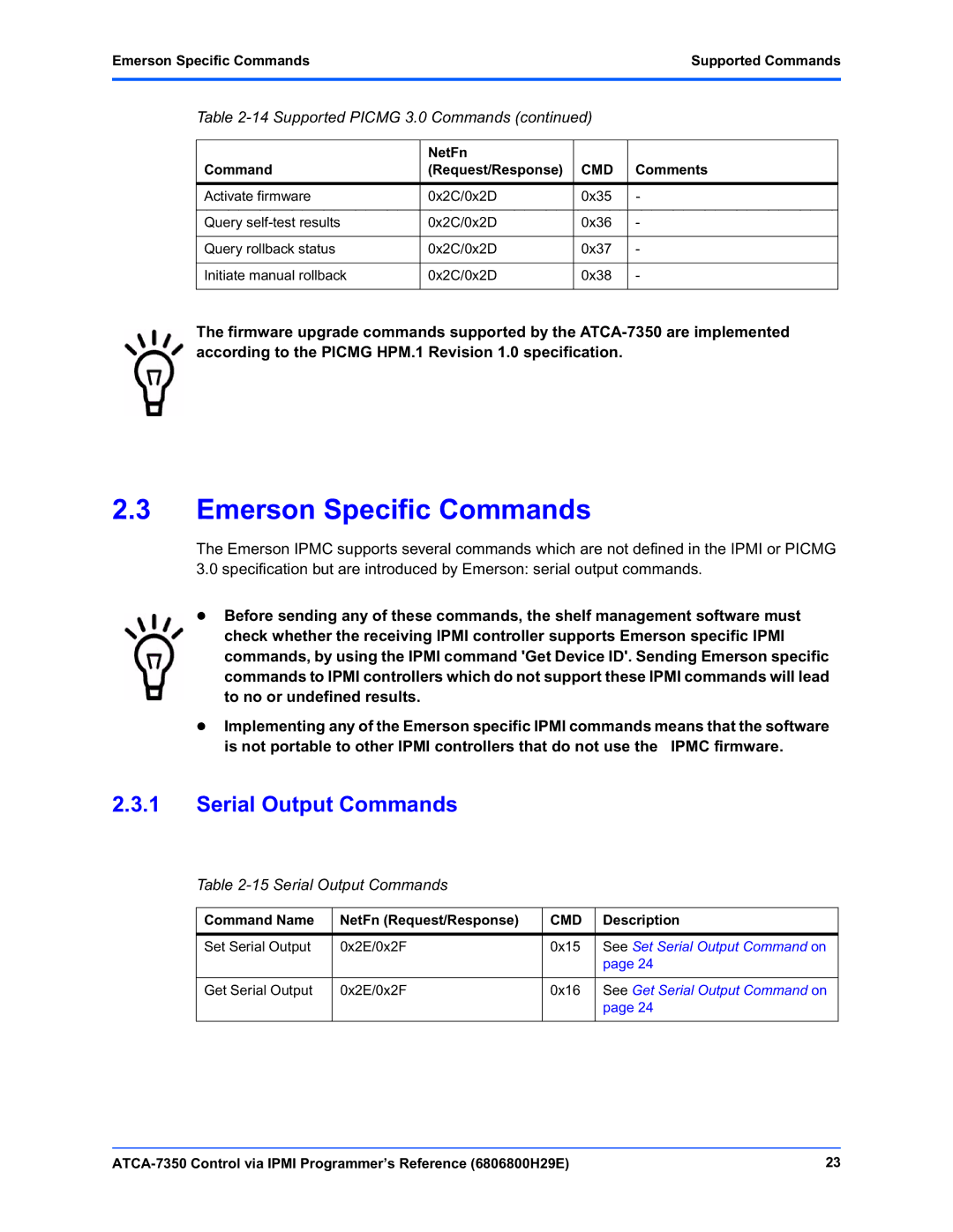 Emerson ATCA-7350 manual Serial Output Commands, Emerson Specific CommandsSupported Commands 