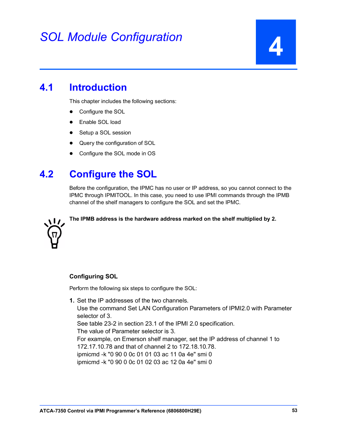 Emerson ATCA-7350 manual SOL Module Configuration, Introduction, Configure the SOL 