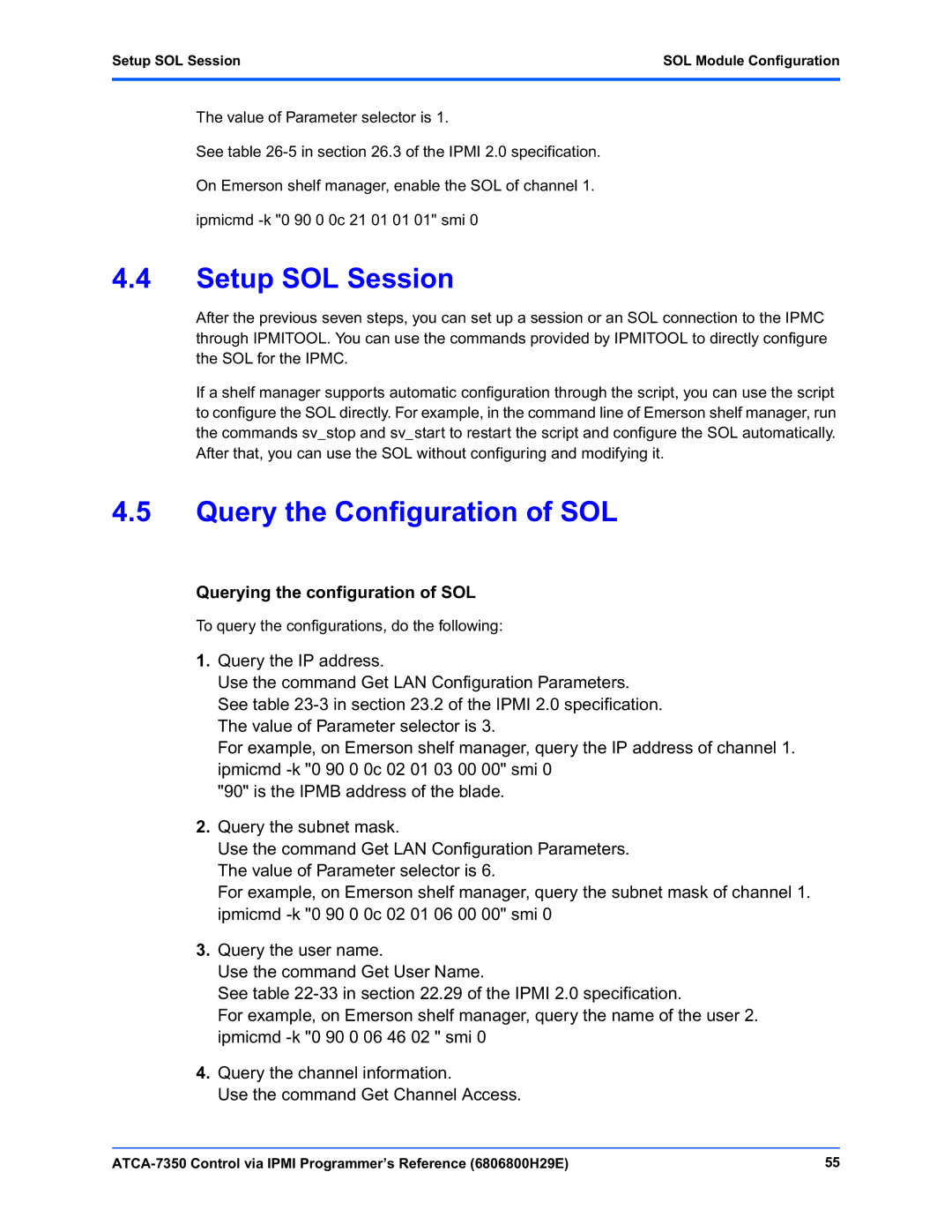 Emerson ATCA-7350 manual Query the Configuration of SOL, Setup SOL Session SOL Module Configuration 