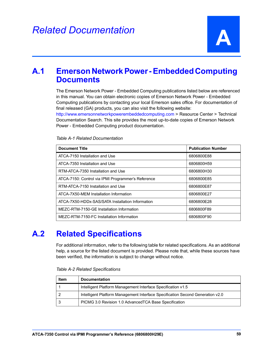 Emerson ATCA-7350 manual Related Documentation, Emerson Network Power Embedded Computing Documents, Related Specifications 