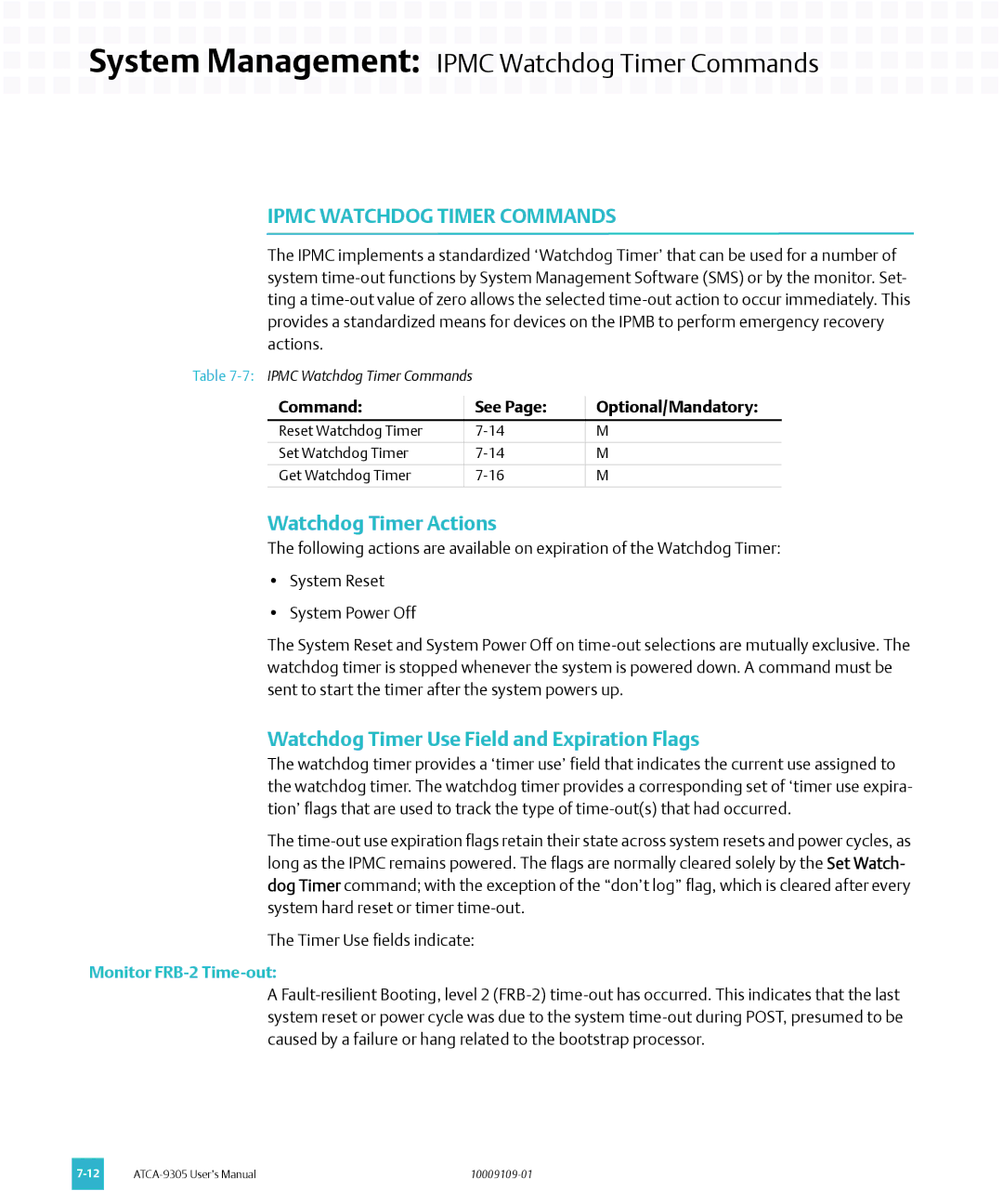 Emerson ATCA-9305 System Management Ipmc Watchdog Timer Commands, Watchdog Timer Actions, Monitor FRB-2 Time-out 