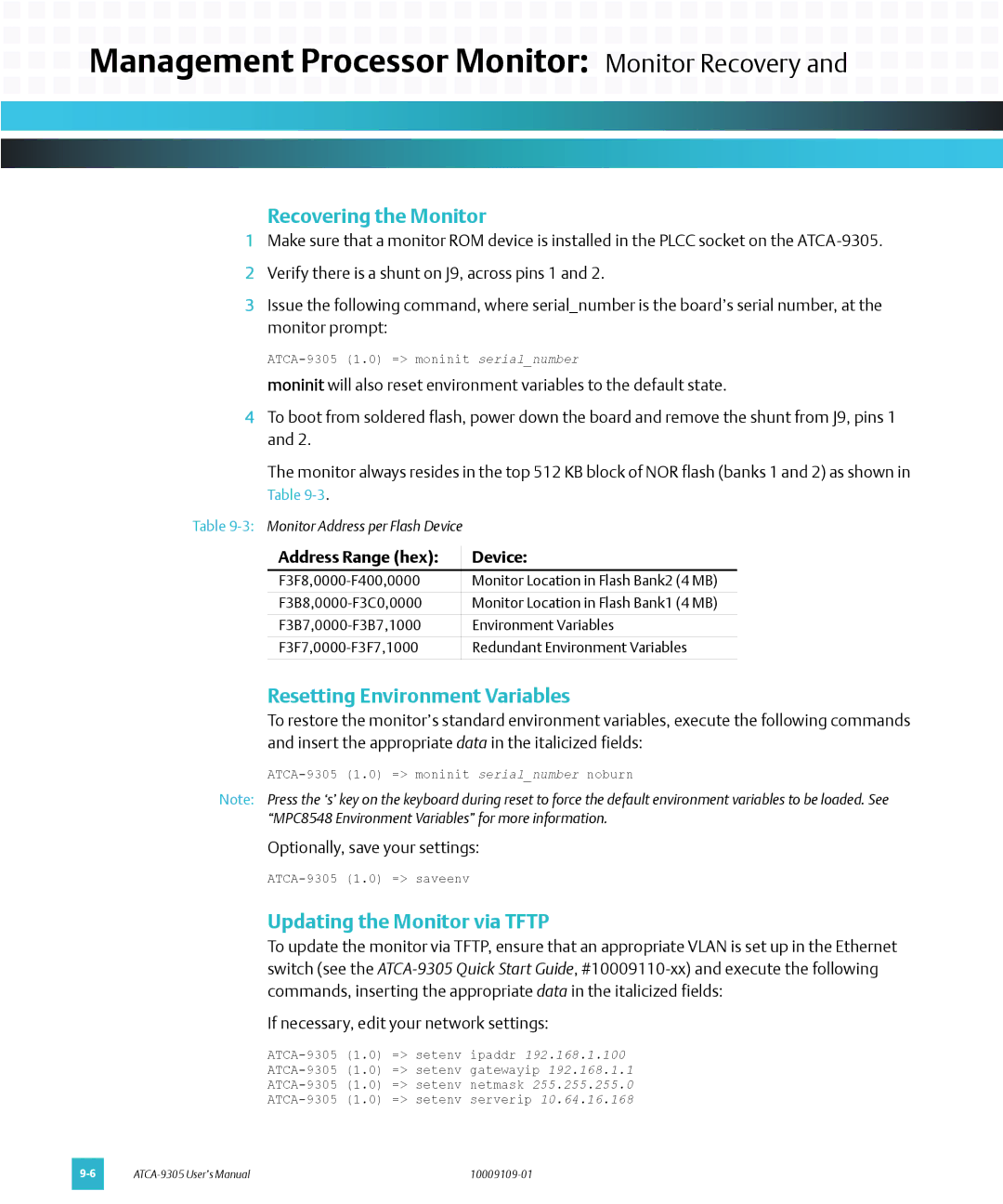 Emerson ATCA-9305 user manual Recovering the Monitor, Resetting Environment Variables, Updating the Monitor via Tftp 