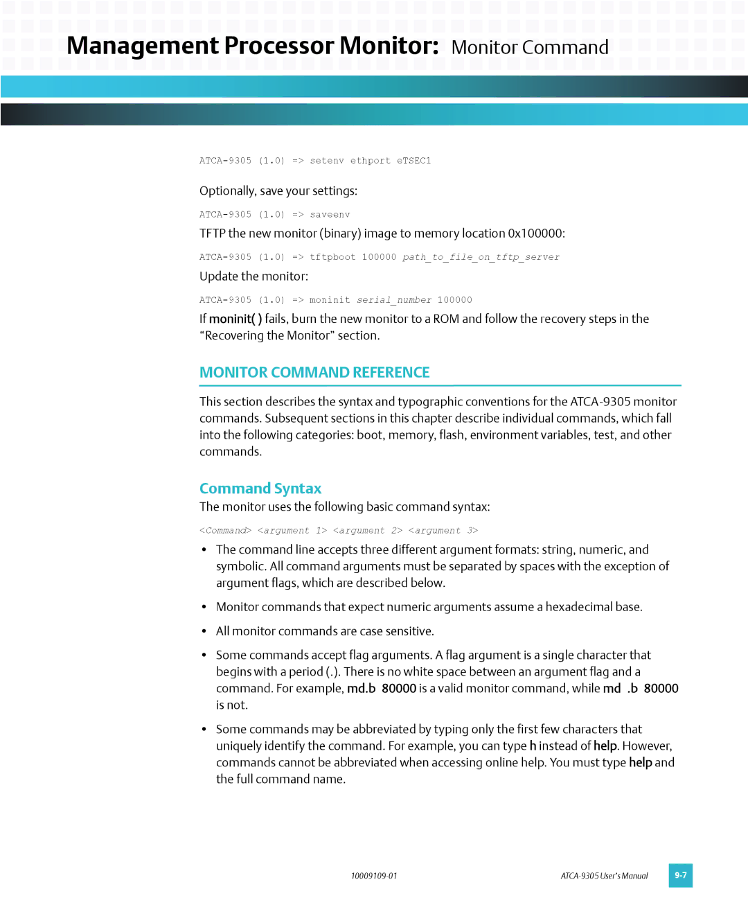 Emerson ATCA-9305 user manual Management Processor Monitor Monitor Command, Monitor Command Reference, Command Syntax 