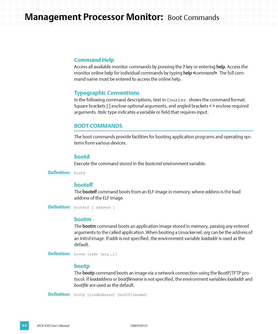Emerson ATCA-9305 user manual Management Processor Monitor Boot Commands 