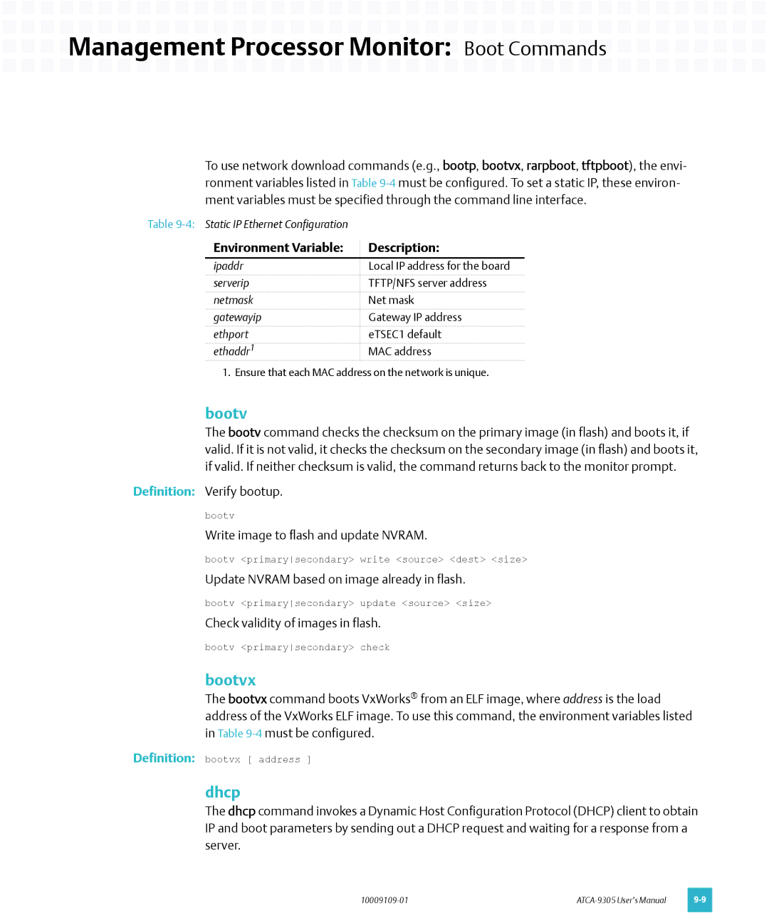 Emerson ATCA-9305 user manual Bootvx, Dhcp 