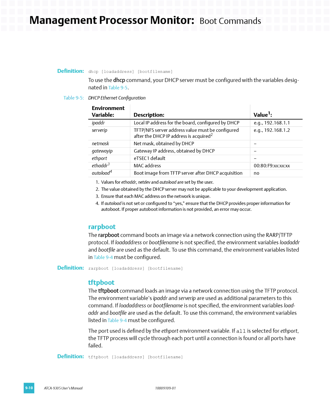 Emerson ATCA-9305 user manual Rarpboot, Tftpboot 