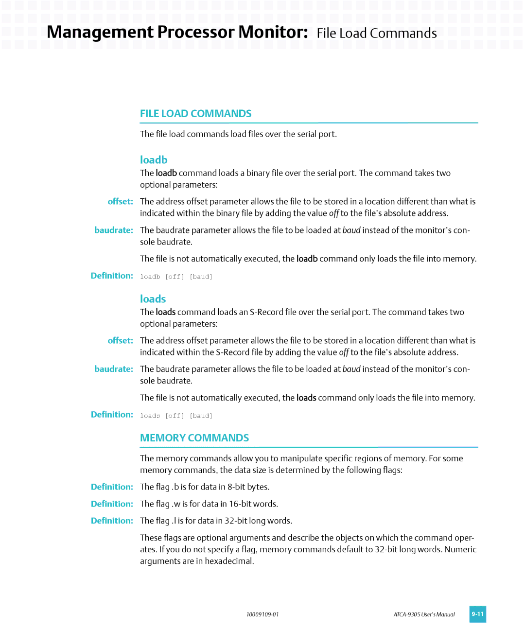 Emerson ATCA-9305 user manual Management Processor Monitor File Load Commands, Loadb, Loads, Memory Commands 