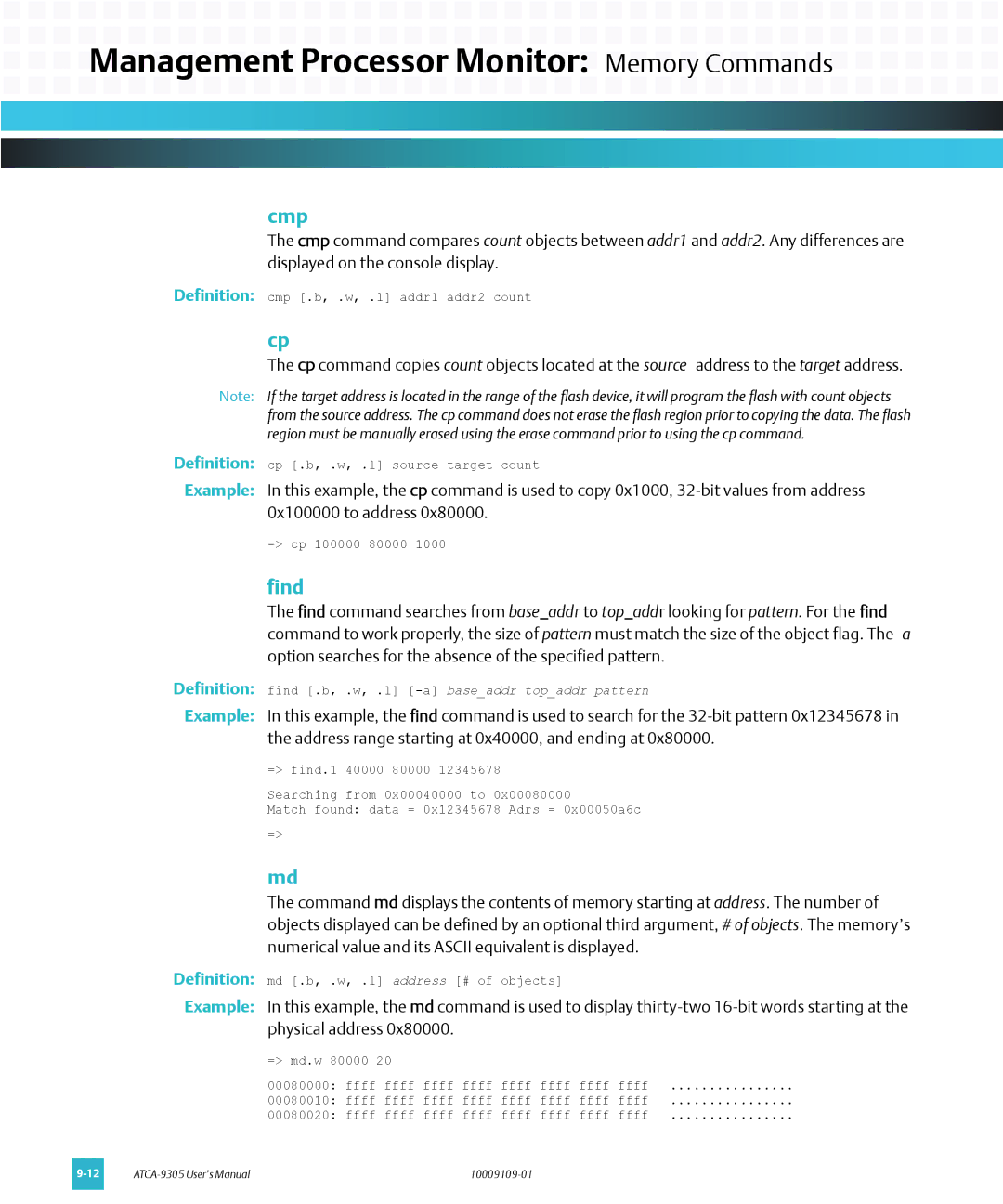 Emerson ATCA-9305 user manual Management Processor Monitor Memory Commands, Cmp, Find 