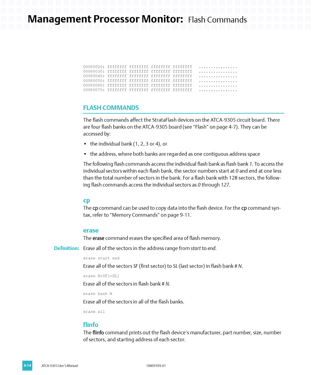 Emerson ATCA-9305 user manual Management Processor Monitor Flash Commands, Erase, Flinfo 