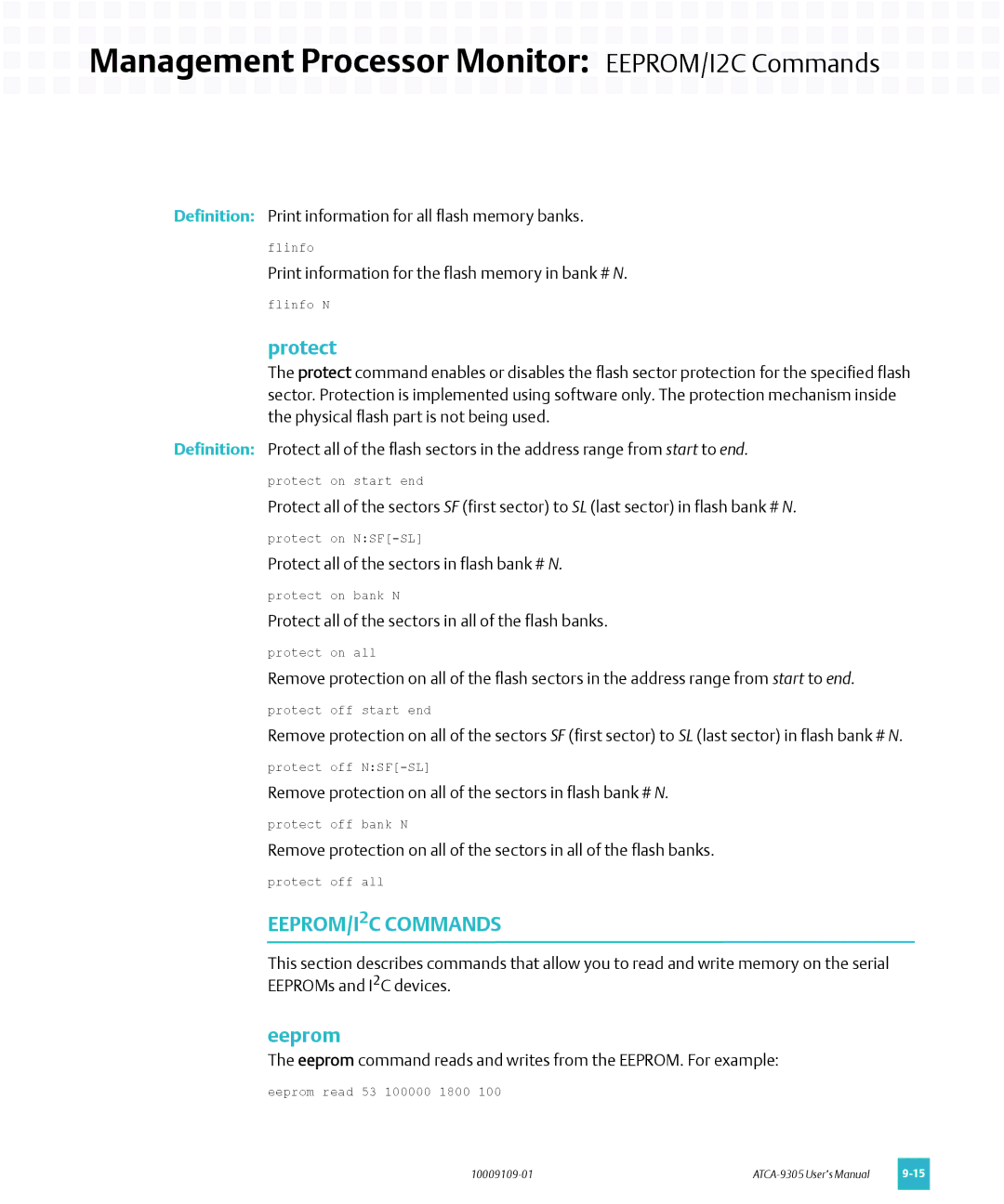 Emerson ATCA-9305 user manual Management Processor Monitor EEPROM/I2C Commands, Protect, Eeprom 