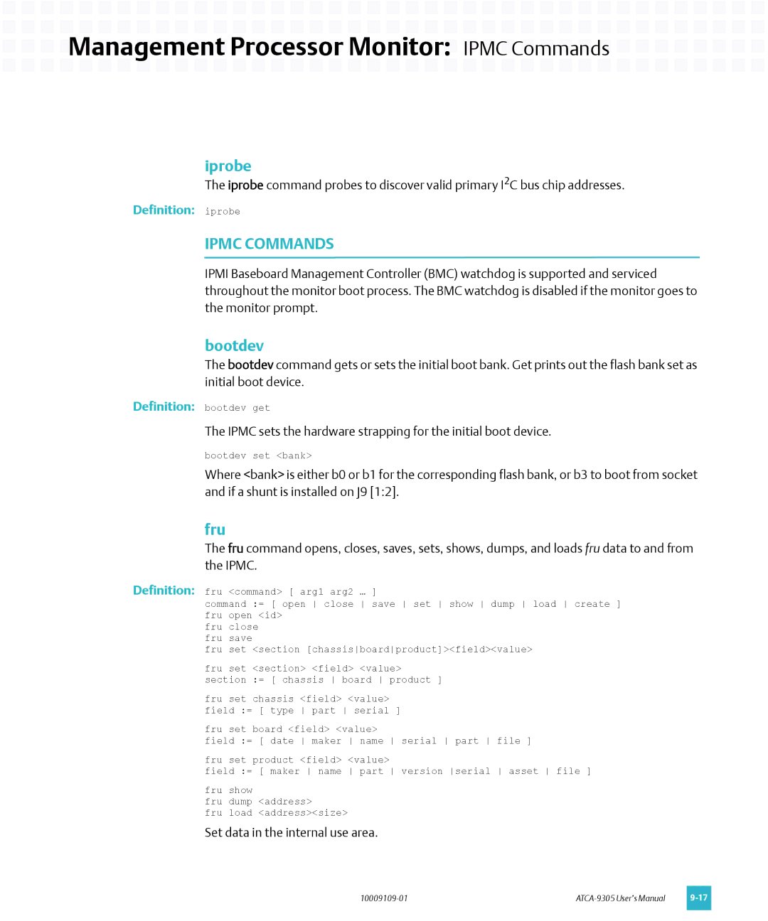 Emerson ATCA-9305 user manual Management Processor Monitor Ipmc Commands, Iprobe, Bootdev, Fru 