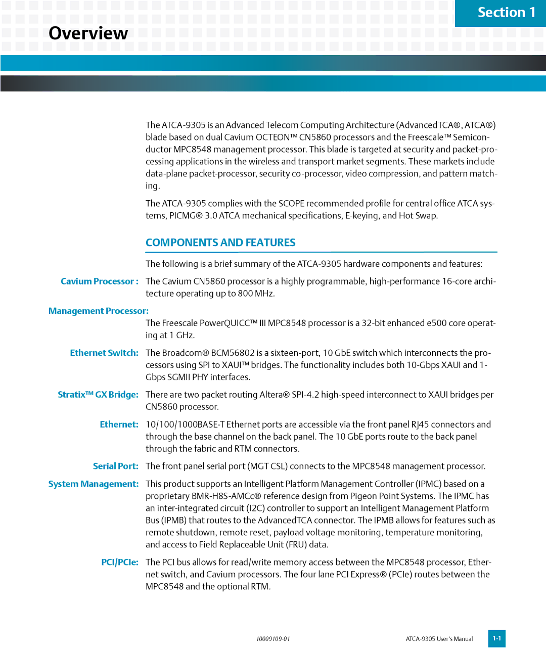 Emerson ATCA-9305 user manual Overview, Components and Features, Management Processor 