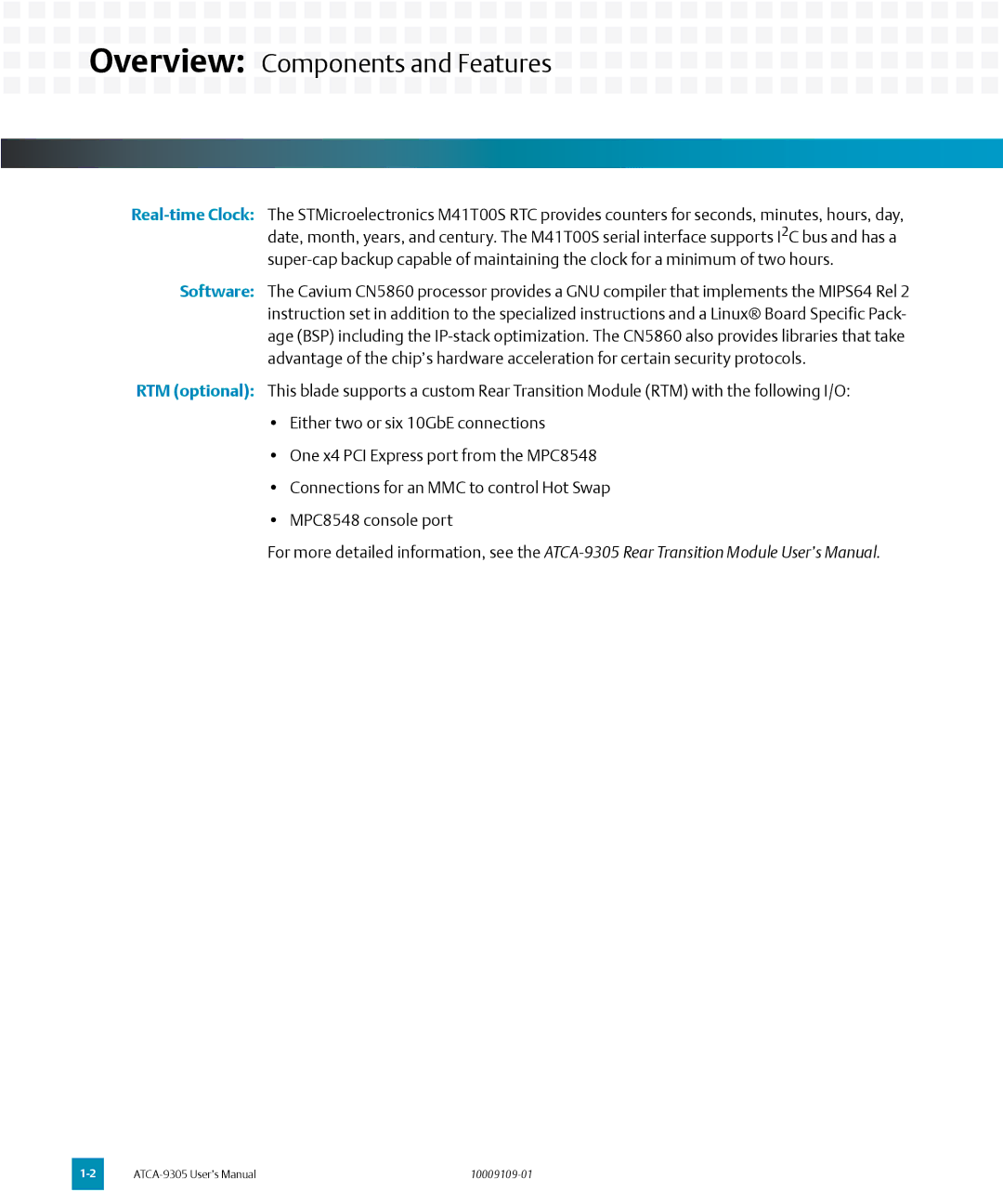 Emerson ATCA-9305 user manual Overview Components and Features 