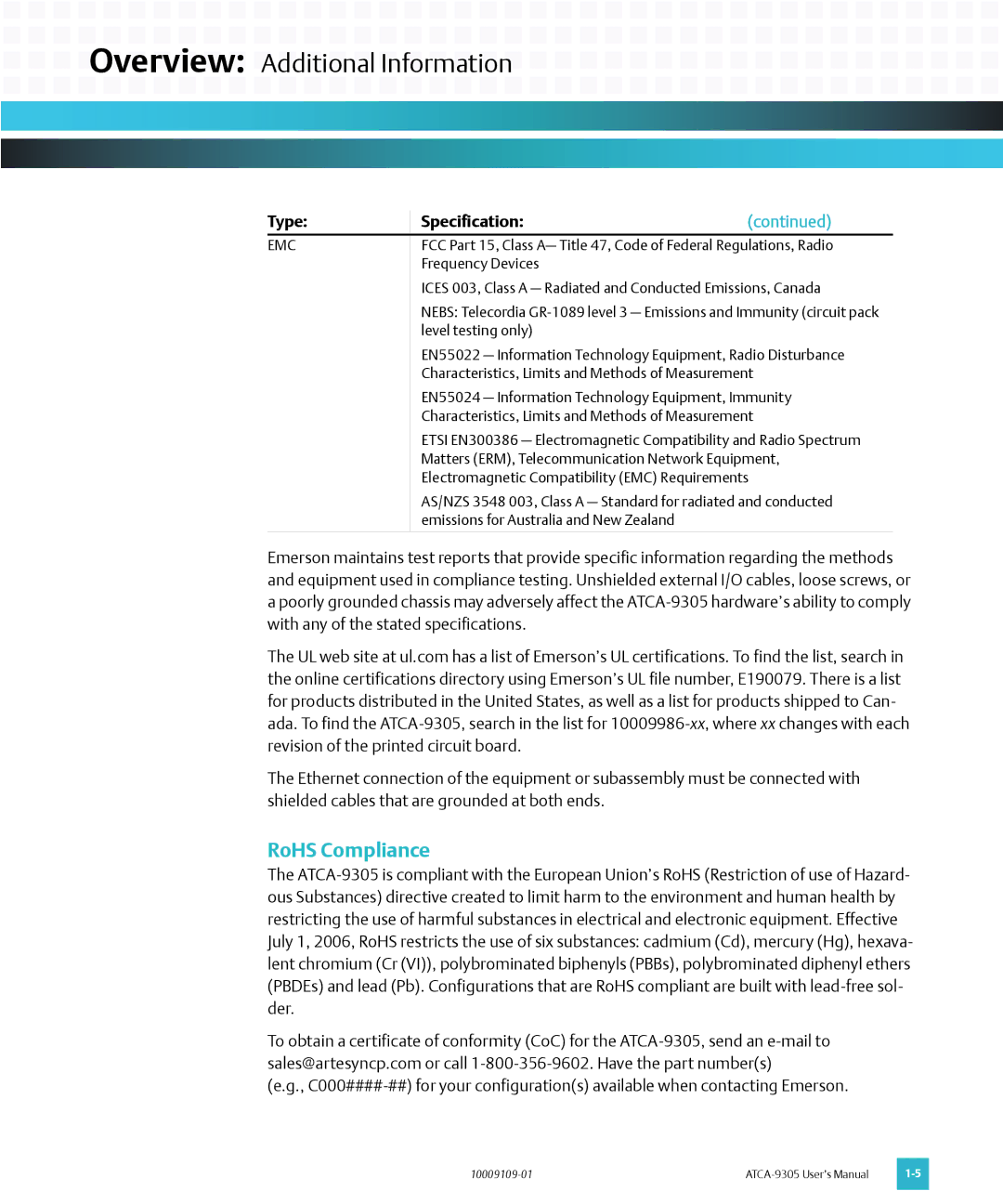 Emerson ATCA-9305 user manual RoHS Compliance, Type, Emc 