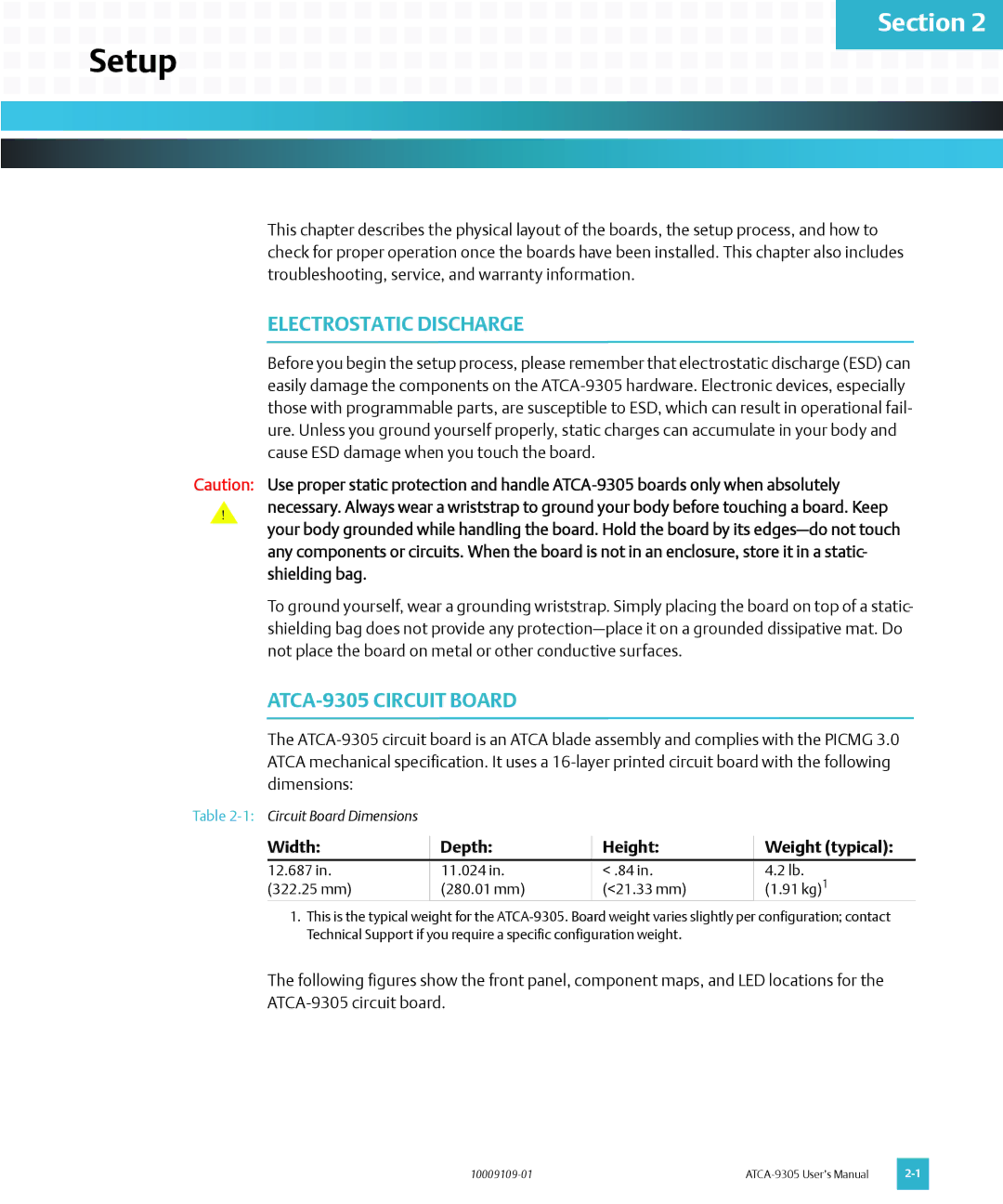 Emerson user manual Setup, Electrostatic Discharge, ATCA-9305 Circuit Board, Width Depth Height Weight typical 
