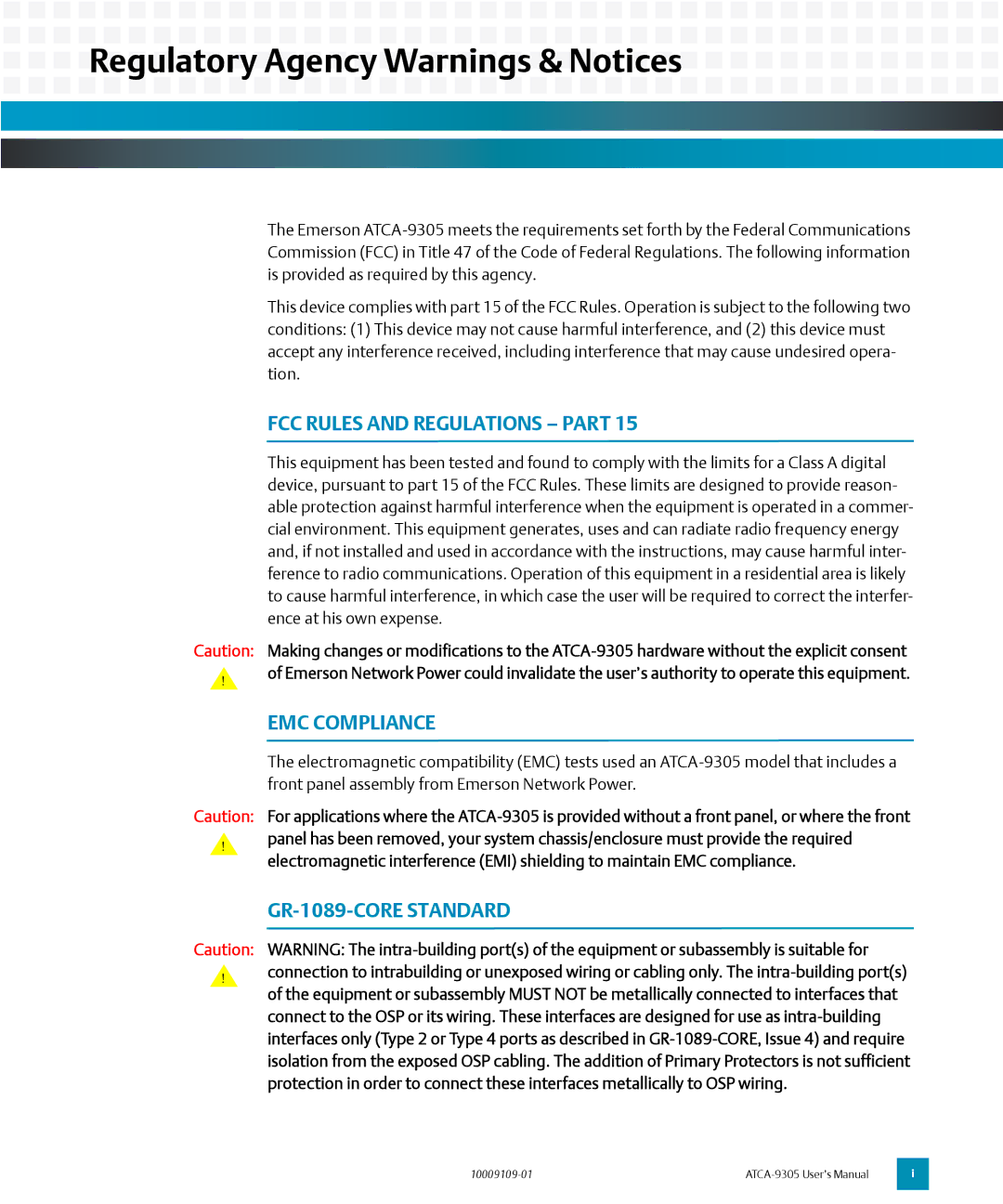 Emerson ATCA-9305 user manual Regulatory Agency Warnings & Notices, FCC Rules and Regulations Part, EMC Compliance 