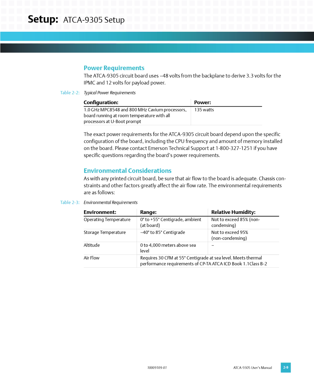 Emerson ATCA-9305 user manual Power Requirements, Environmental Considerations, Configuration Power 