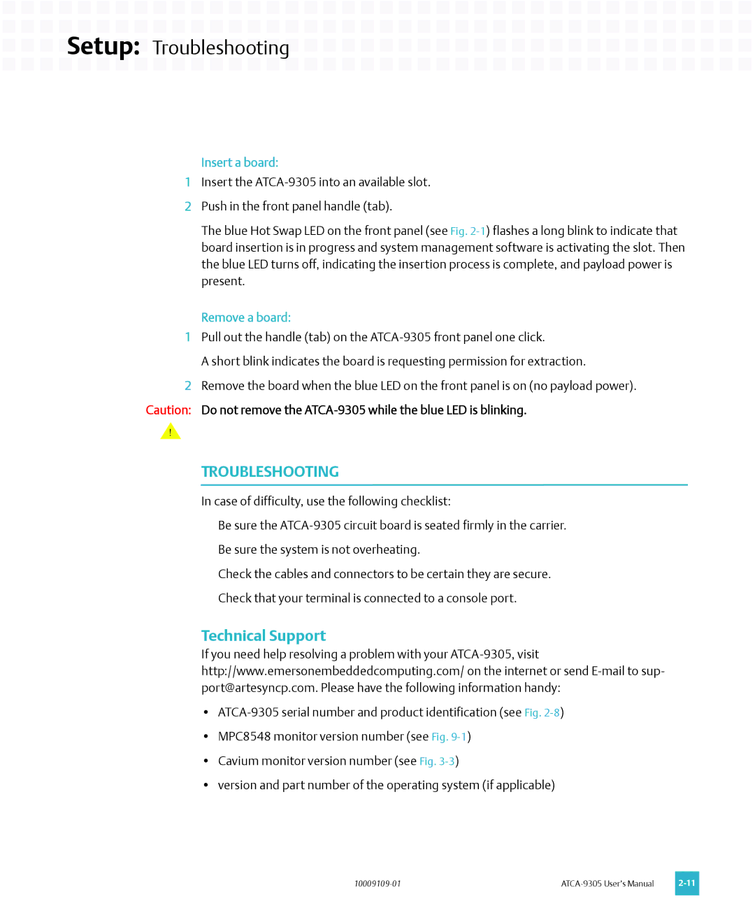 Emerson ATCA-9305 user manual Troubleshooting, Technical Support, Insert a board 
