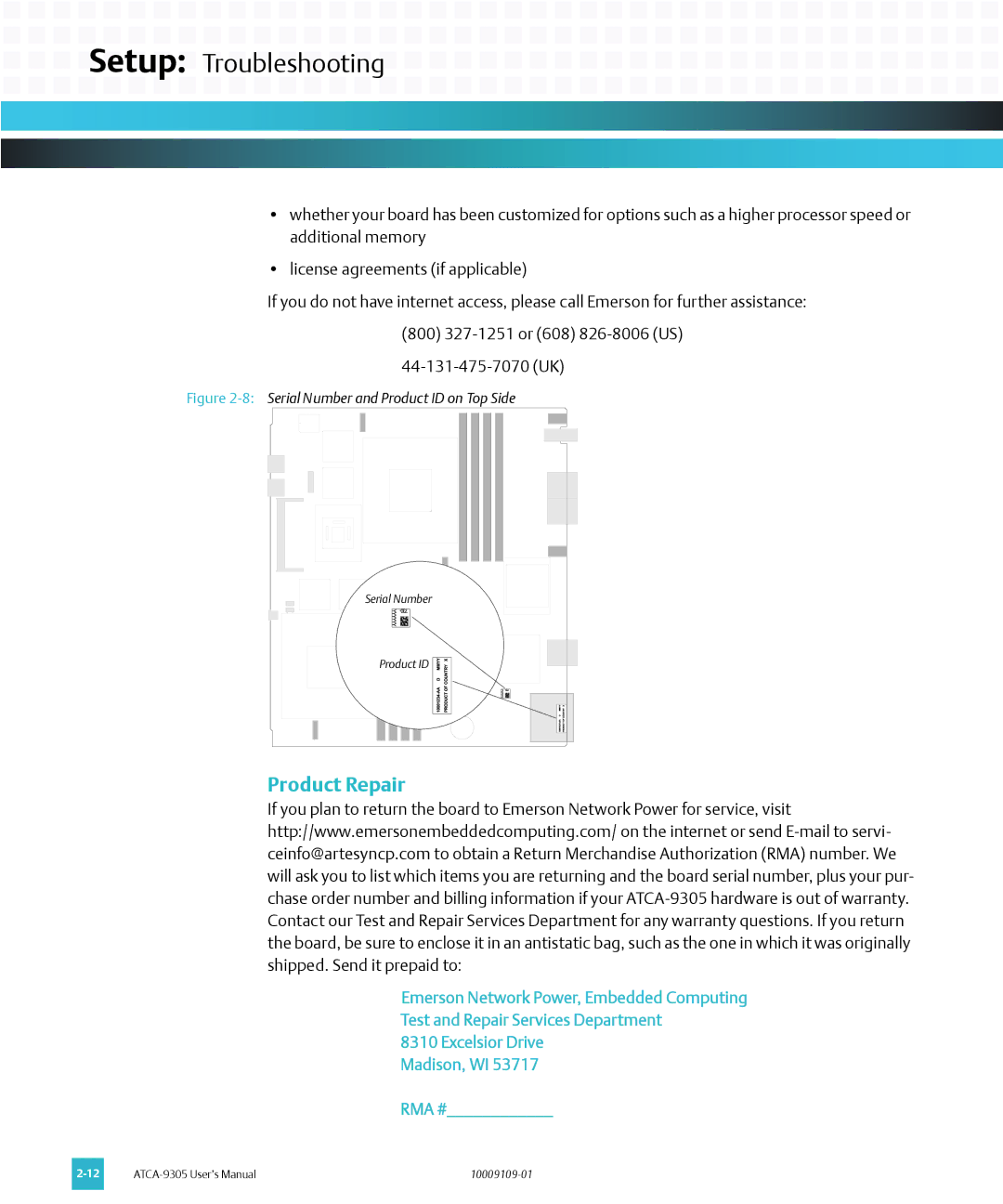 Emerson ATCA-9305 user manual Product Repair, 8Serial Number and Product ID on Top Side 