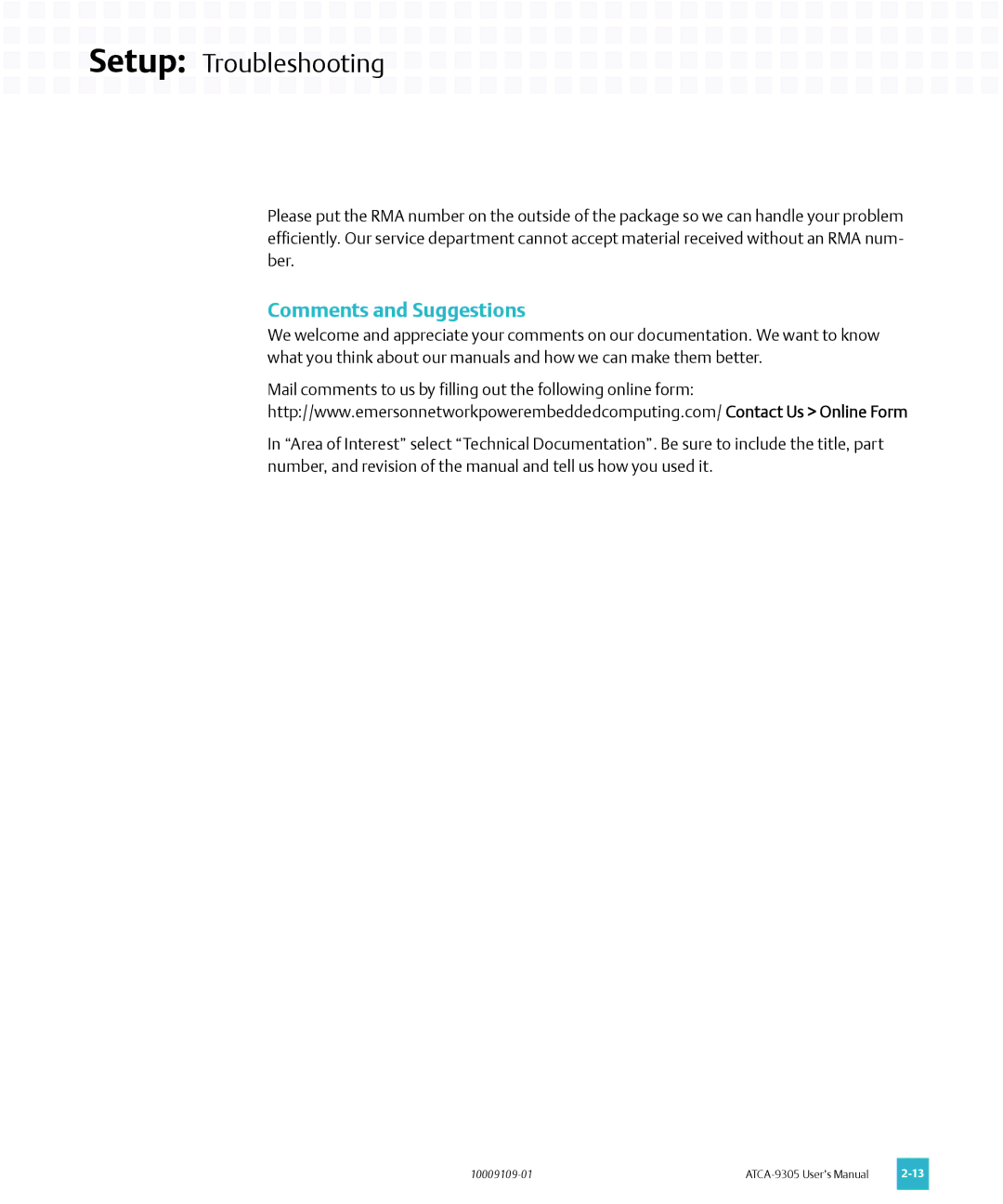 Emerson ATCA-9305 user manual Comments and Suggestions 