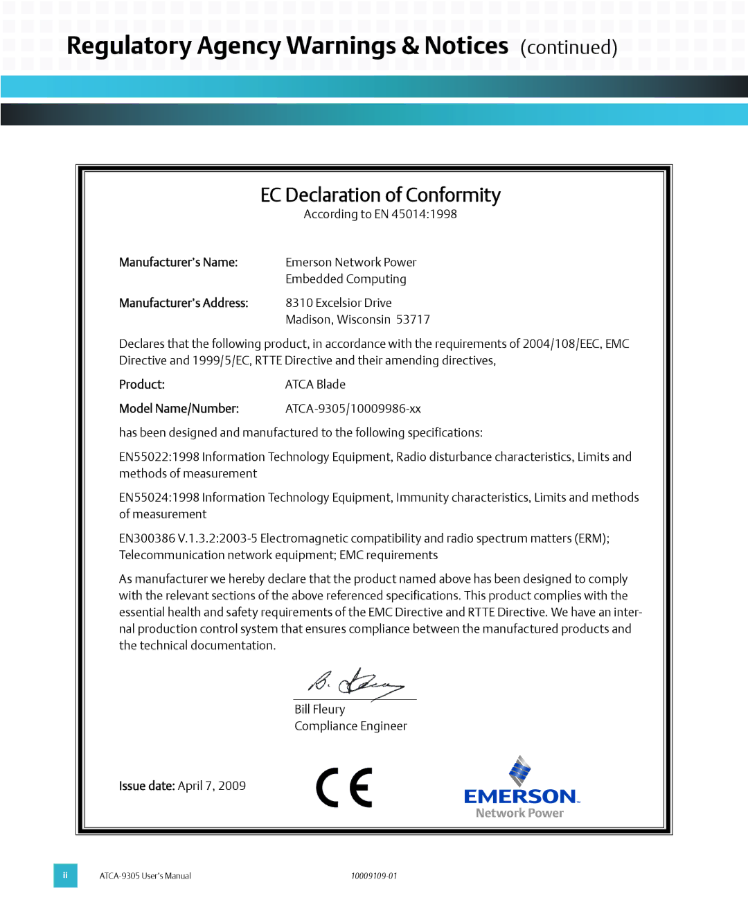 Emerson ATCA-9305 user manual Manufacturer’s Name, Product Atca Blade Model Name/Number 