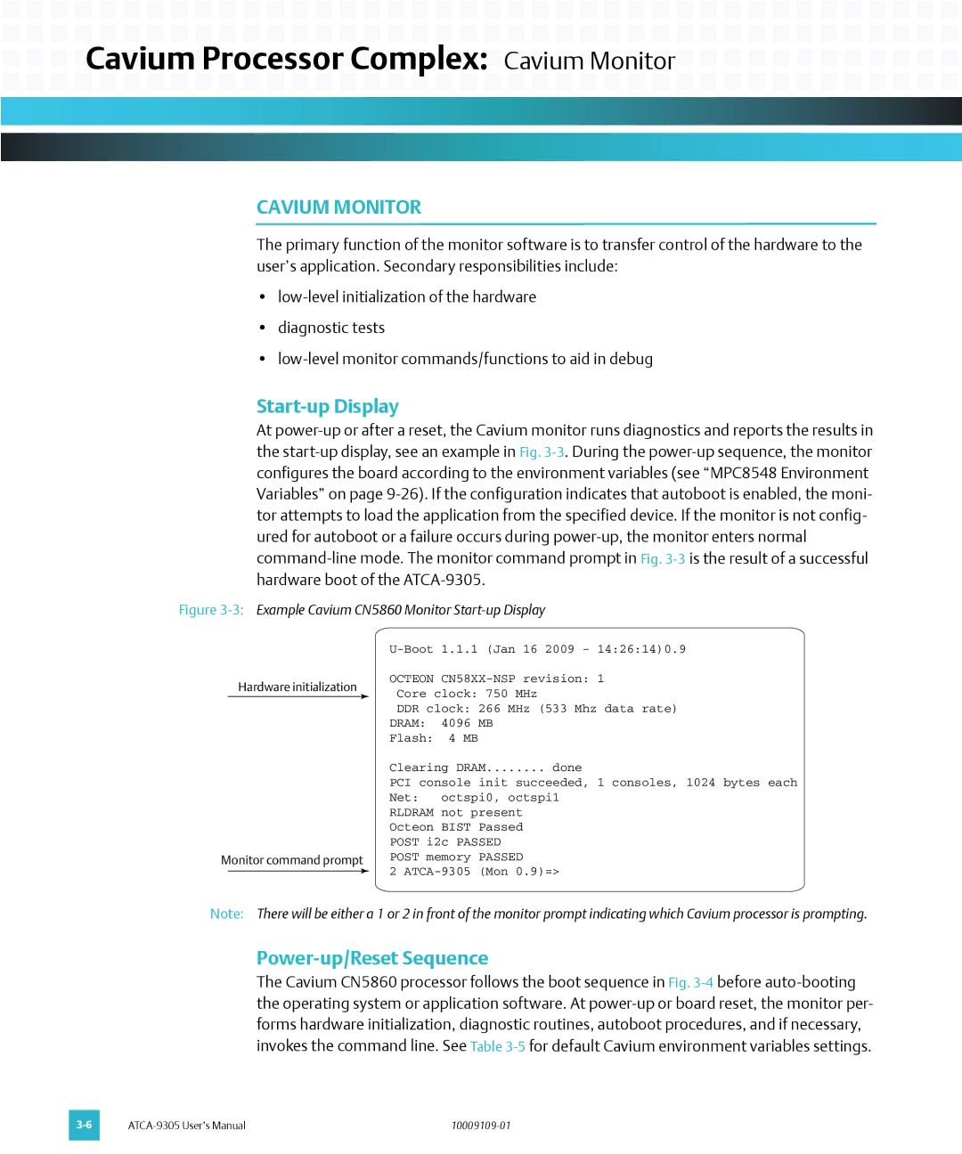 Emerson ATCA-9305 user manual Cavium Processor Complex Cavium Monitor, Start-up Display, Power-up/Reset Sequence 