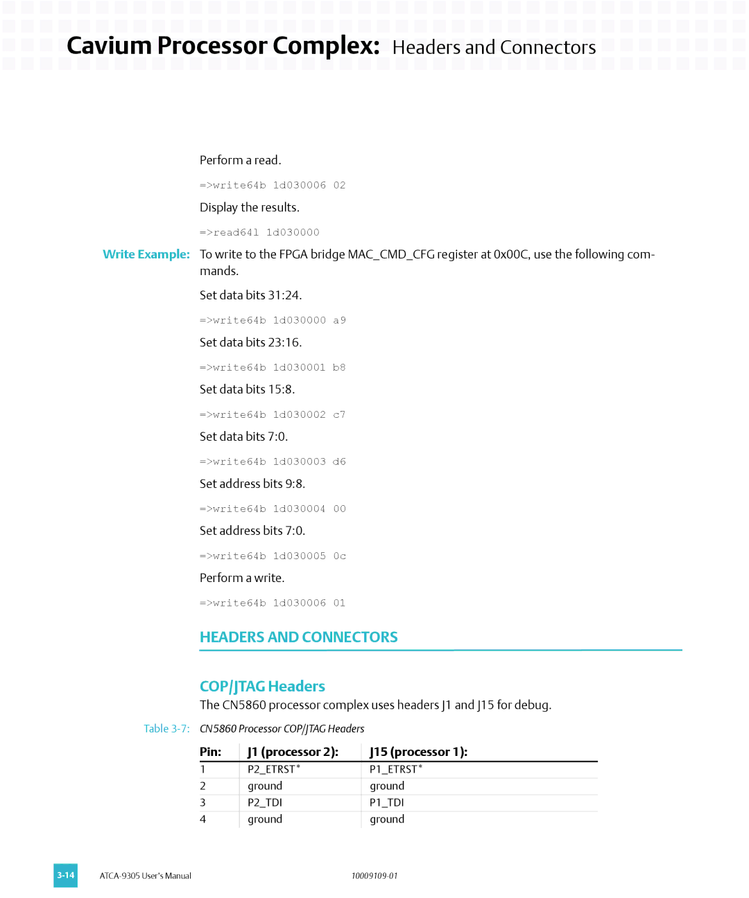 Emerson ATCA-9305 Cavium Processor Complex Headers and Connectors, COP/JTAG Headers, Pin J1 processor J15 processor 