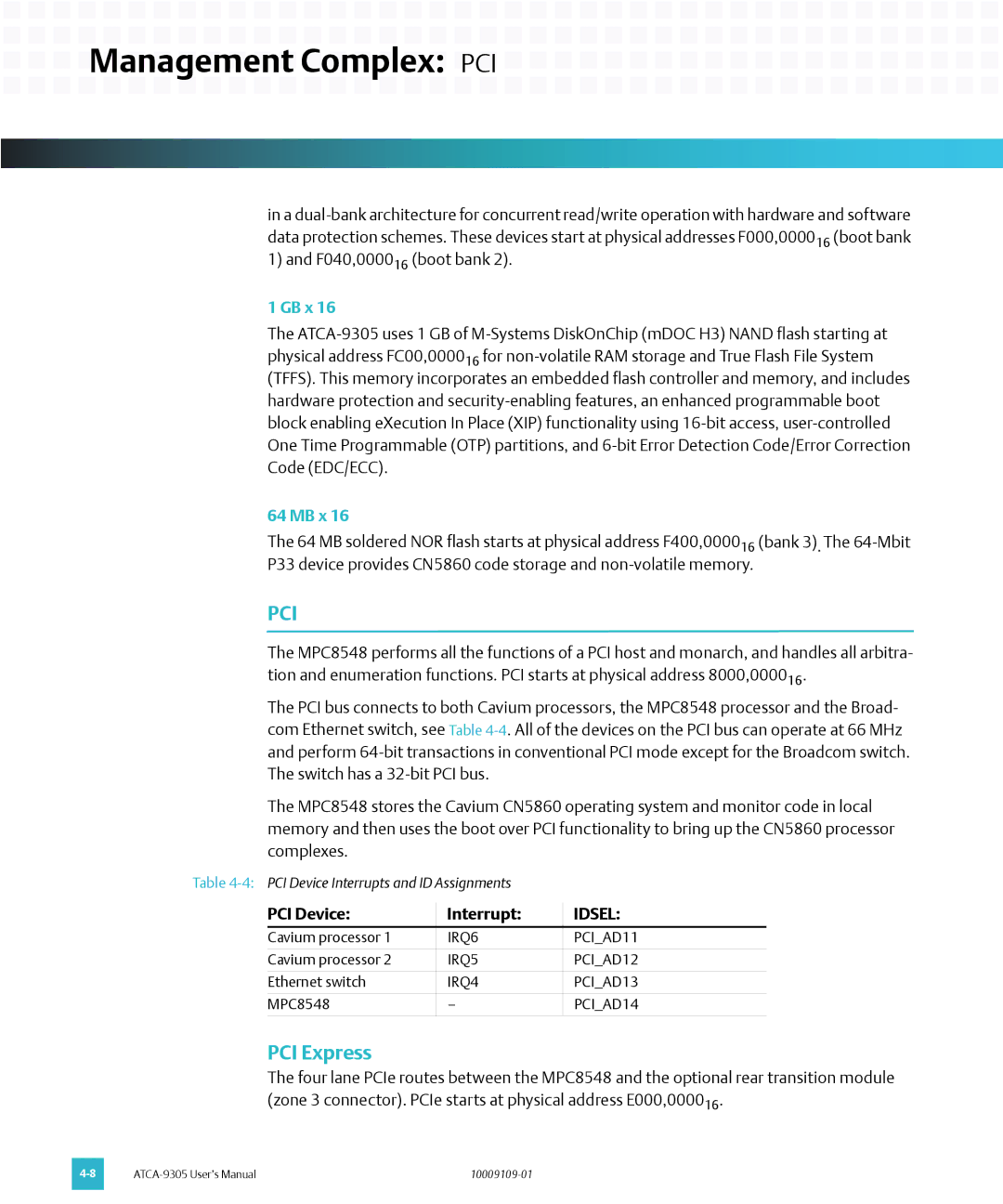 Emerson ATCA-9305 user manual Management Complex PCI, PCI Express, GB x, MB x, PCI Device Interrupt 