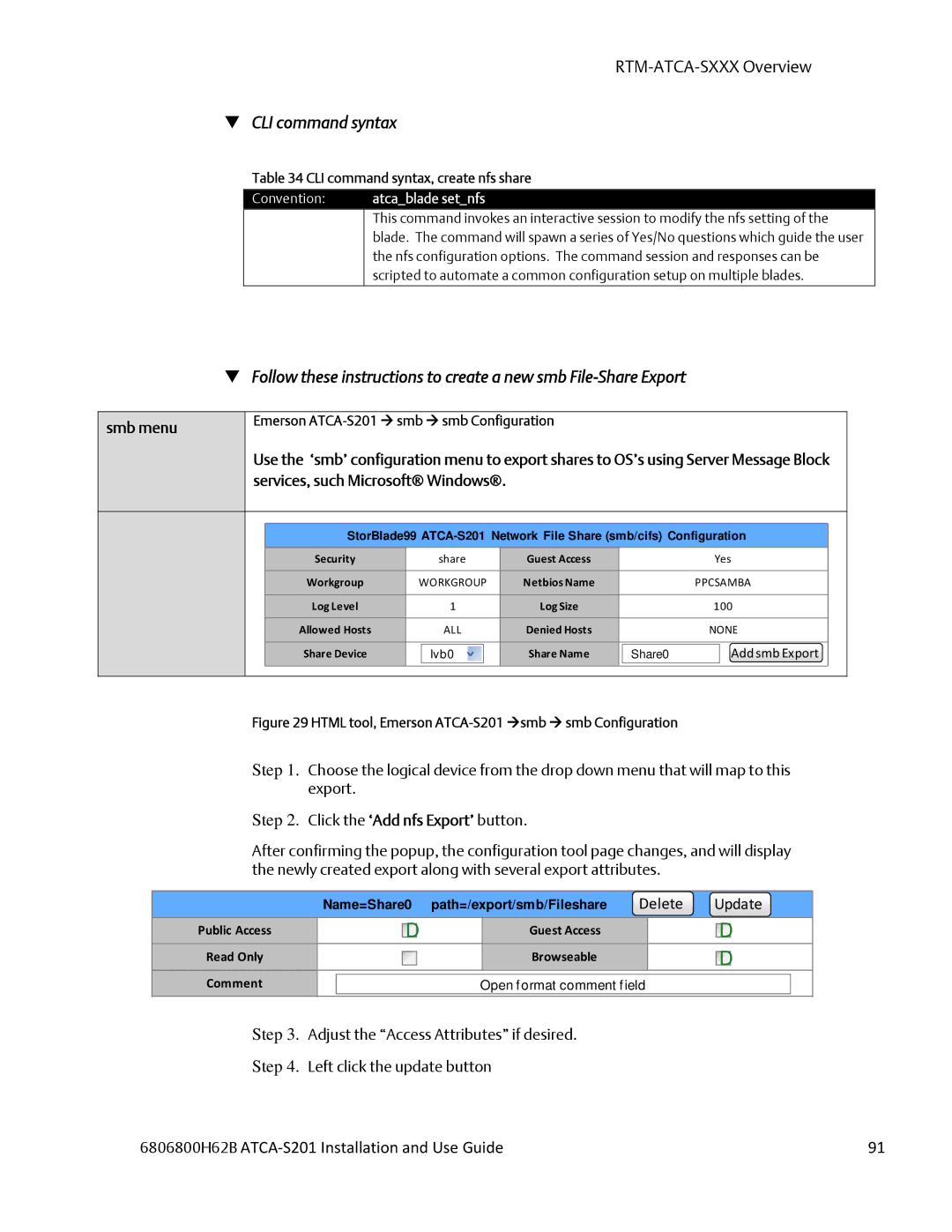 Emerson ATCA-S201 manual Smb menu, Services, such Microsoft Windows, CLI command syntax, create nfs share 