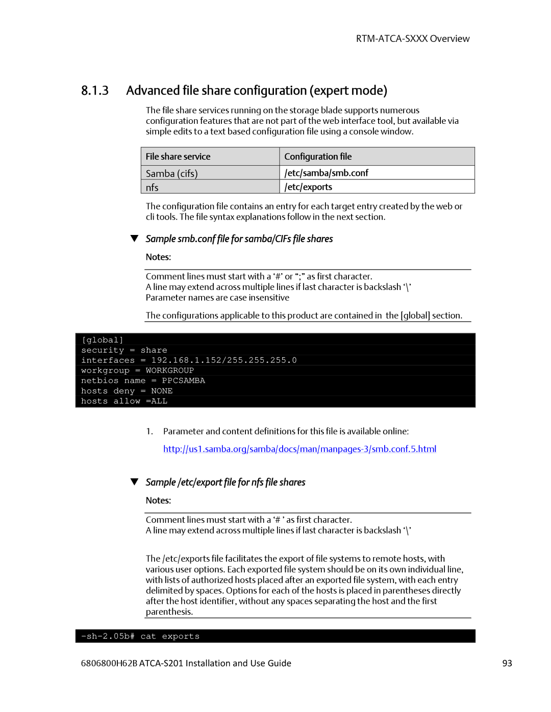 Emerson ATCA-S201 manual Advanced file share configuration expert mode,  Sample smb.conf file for samba/CIFs file shares 