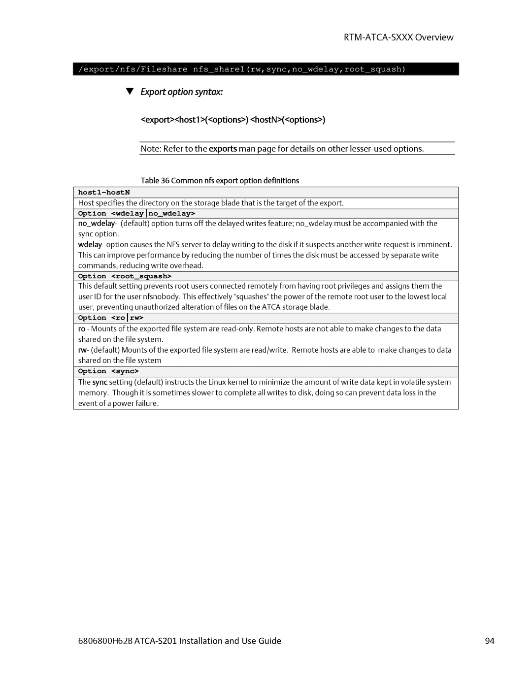 Emerson ATCA-S201 manual  Export option syntax, Exporthost1options hostNoptions, Common nfs export option definitions 