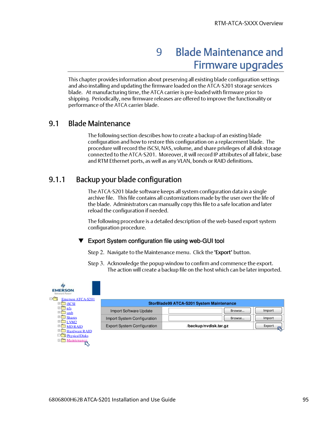 Emerson ATCA-S201 manual Blade Maintenance Firmware upgrades, Backup your blade configuration 