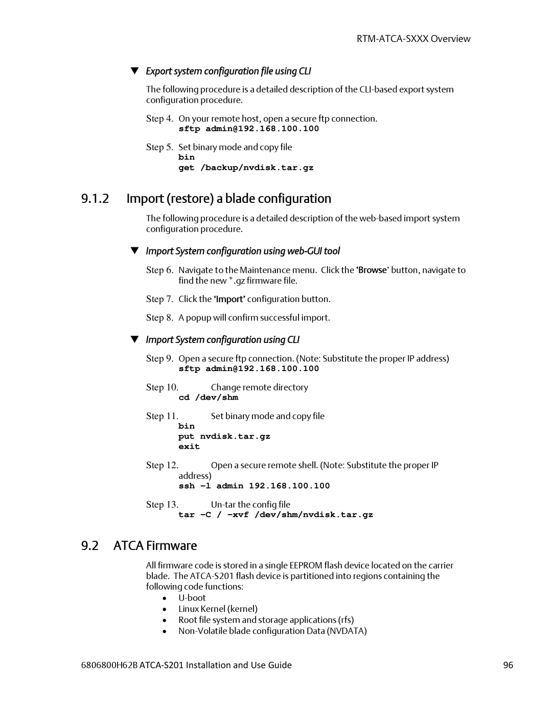 Emerson ATCA-S201 manual Import restore a blade configuration, Atca Firmware,  Export system configuration file using CLI 