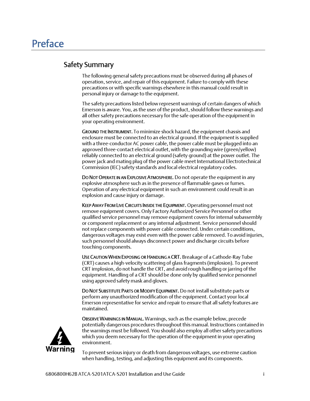 Emerson ATCA-S201 manual Preface, Safety Summary 