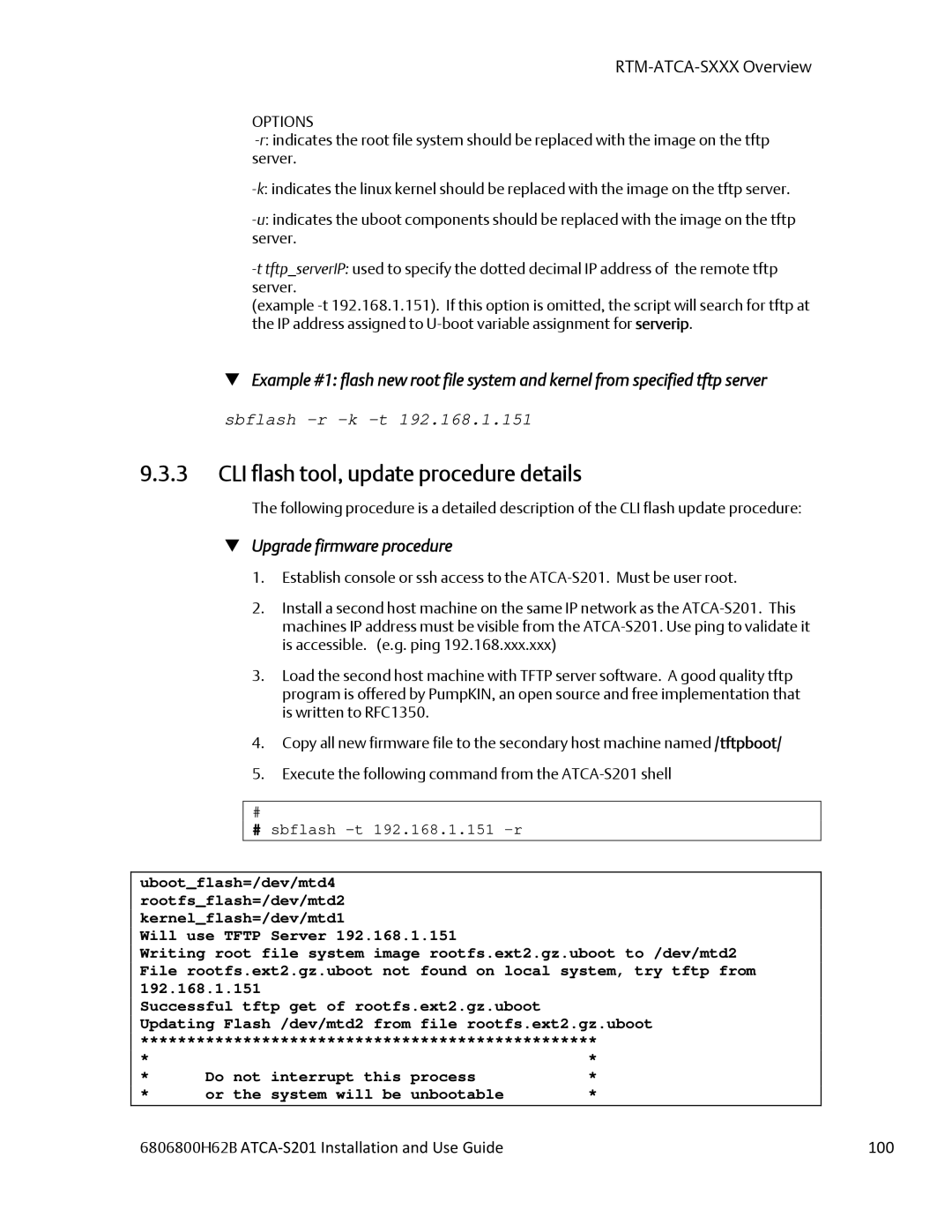 Emerson ATCA-S201 manual CLI flash tool, update procedure details, 6806800H62B ATCA‐S201 Installation and Use Guide 100 