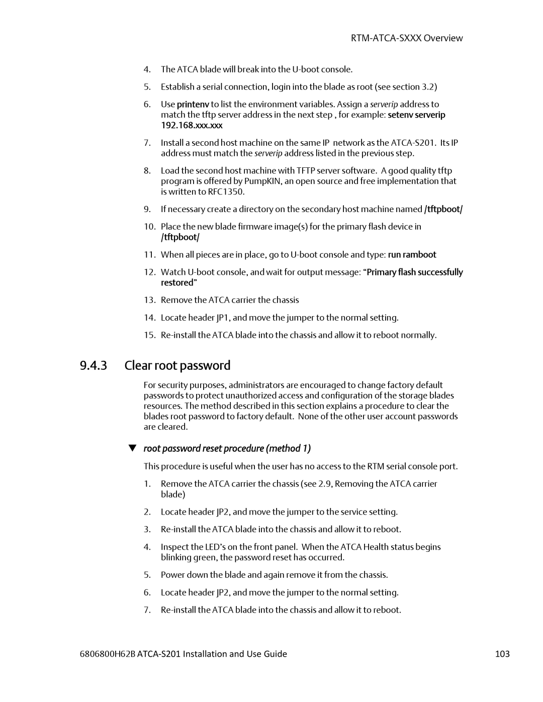 Emerson ATCA-S201 manual Clear root password,  root password reset procedure method, Tftpboot 