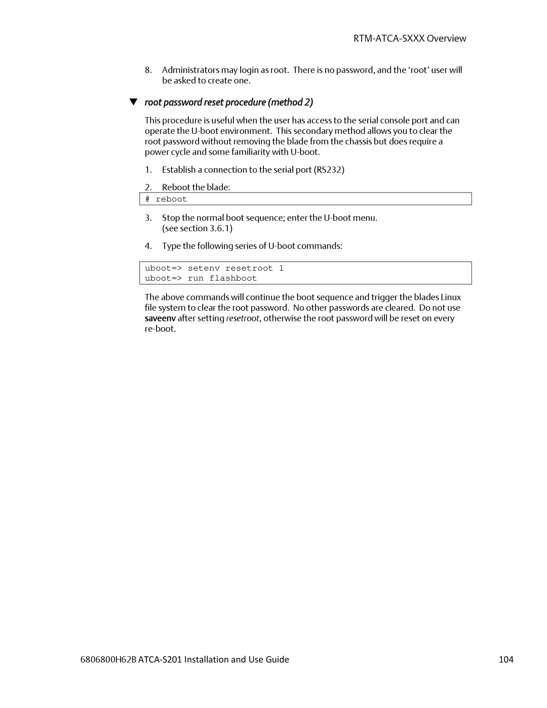 Emerson ATCA-S201 manual 6806800H62B ATCA‐S201 Installation and Use Guide 104, # reboot 