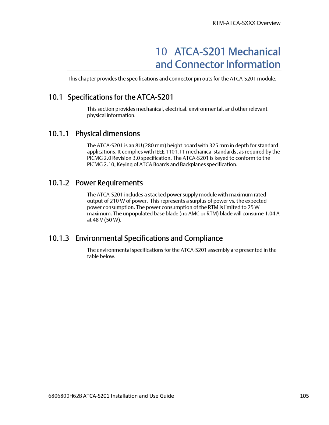 Emerson manual Specifications for the ATCA-S201, Physical dimensions, Power Requirements 